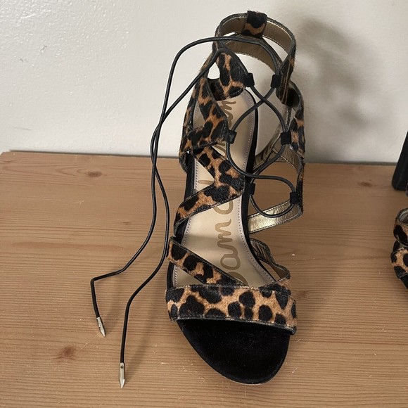 Sam Edelman Block Heels Strappy Sandals 8.5 Gladiator Dyed Cow Fur Leopard Print - Picture 5 of 11